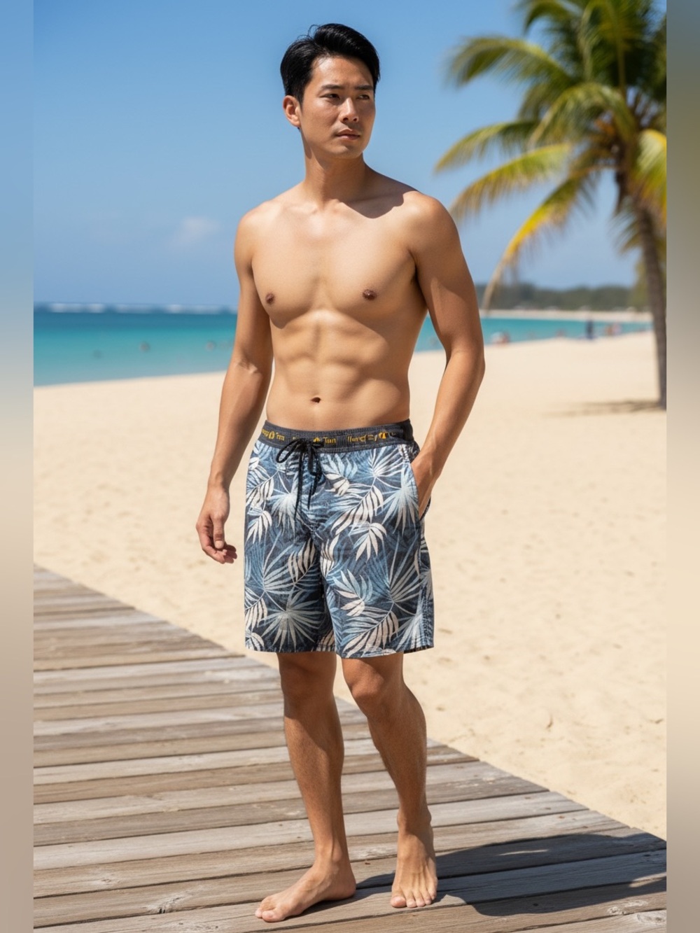 Hang Ten Men's Swim Shorts feature a blue and white tropical palm leaf pattern